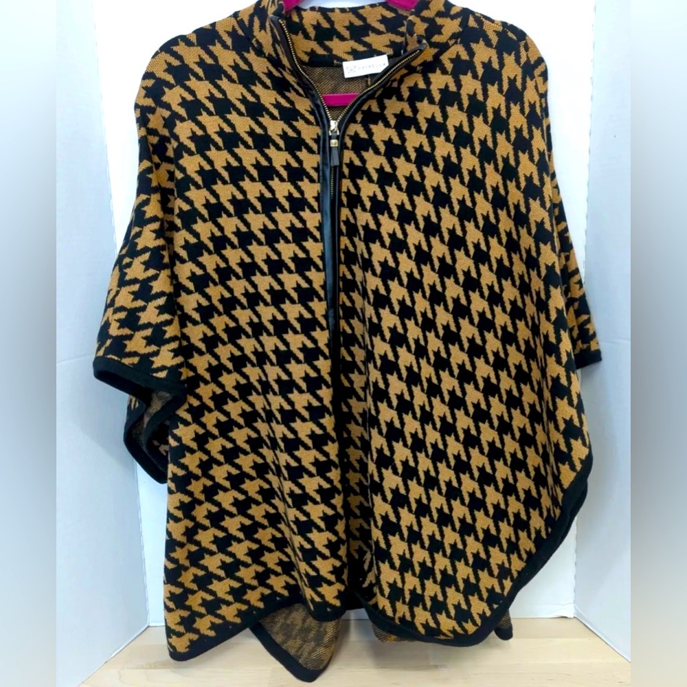 Rafaella Golden Honey Heather Petite Houndstooth Poncho Sweater Size Large